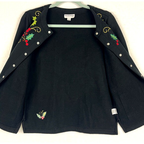 VTG Christmas Cardigan Black Sweater Womens SZ S Appliqued Holy Berry Festive - Picture 13 of 13